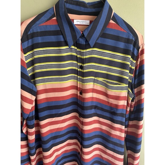 Equipment Femme 100% Silk Striped Tunic Top Colorful Womens Small Button Front - Picture 2 of 8